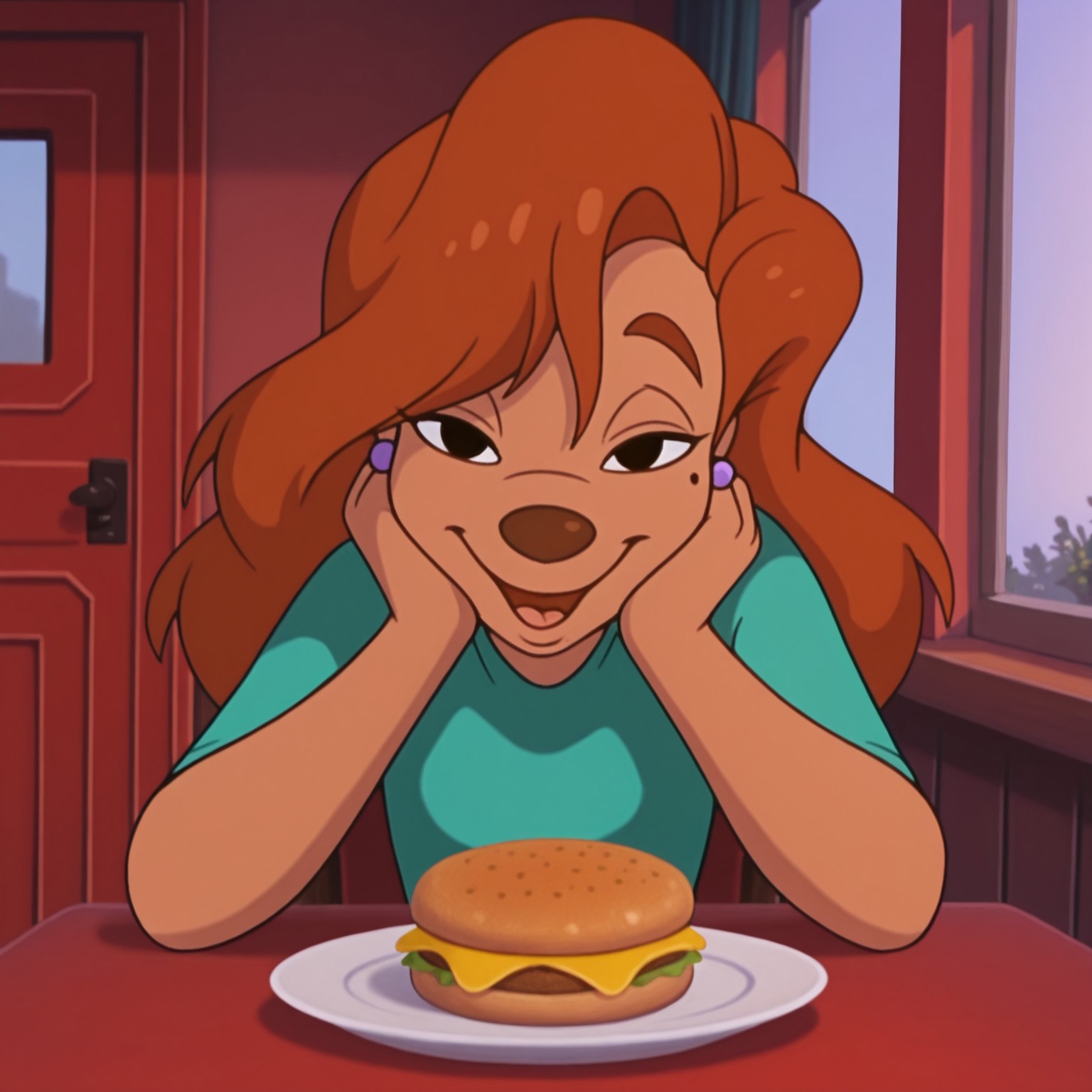 uncensored, masterpiece, best quality, highly detailed, realistic, 1girl, solo, RoxGM, female furry, anthro, canine, red hair, long hair, brown eyebrows, black eyes, brown nose, tan skin, mole, light-purple earring, green shirt, upper body, close-up, smile, open mouth, tongue, looking at viewer, sitting, table, red booth, window, (front view), detailed background, cheeseburger, plate, (4 fingers), hands on own cheek, narrowed eyes
