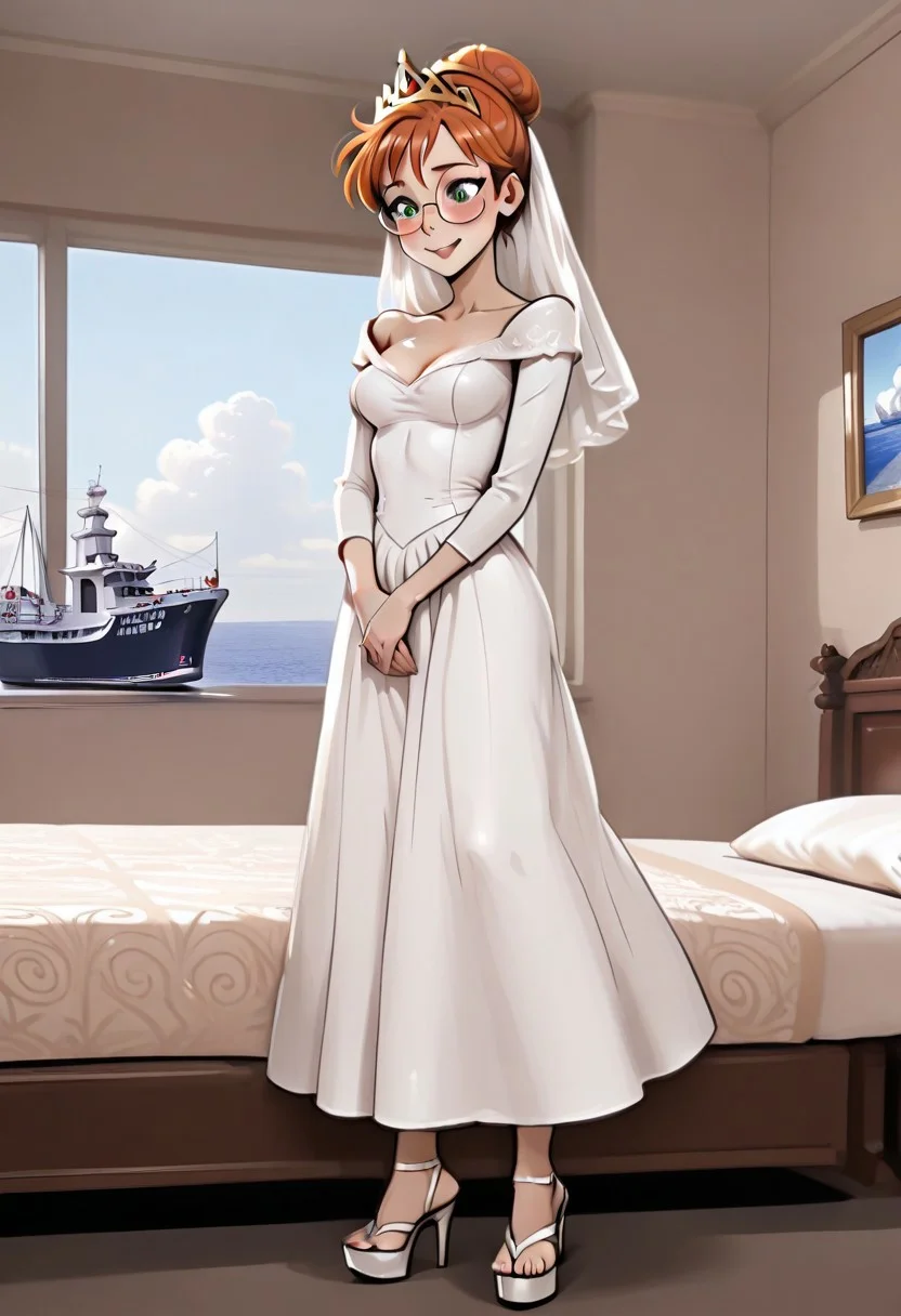 masterpiece, best quality, absurdes, 1girl, solo,
<lora:Rena (Anders Loves Maria) (Illust):0.8>
Rena_Girl, round glasses, green eyes, orange hair, pixie cut, smile, Full body, barefoot, standing,
blush, medium breasts,
Wedding dress, Wedding veil, Golden tiara, white high heels sandals, sandals, high heels,
Indoors, bedroom, Cruise ship, detailed background,
<lora:Detailer_NoobAI_Incrs_v1:0.4> detailed,
<lora:princess_rc_il:0.5>