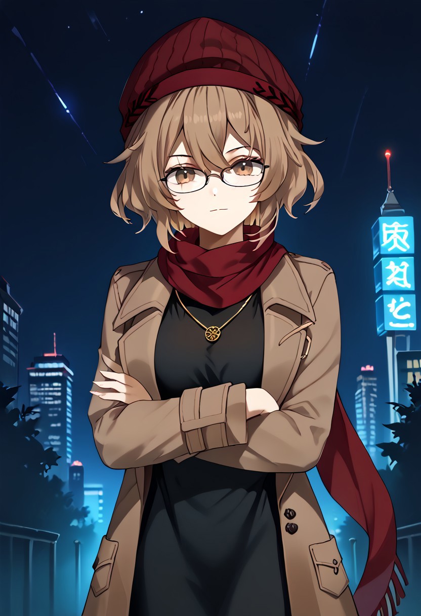 1girl, solo, solo focus, highres, absurdres, ClioAite, brown eyes, glasses, short hair, bangs, hair between eyes, black-framed eyewear,  red headwear, hat, beanie, jewelry, necklace,
trench coat, brown coat, red scarf, black dress,
looking at viewer, crossed arms, head tilt, dutch angle,
park, cityscape, night, night sky, neon lights, shade, backlighting,