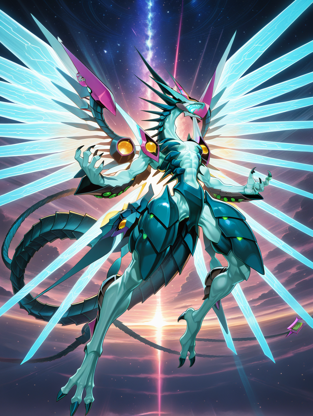 no humans,sharp teeth,solo,space,full body,flying,galaxy-eyes prime photon dragon,1other,pectoral,blue mecha dragon,
masterpiece,best quality,amazing quality,very aesthetic,absurdres,newest,<lora:Galaxy-Eyes Prime Photon Dragon illuXL v2.3:0.85>,