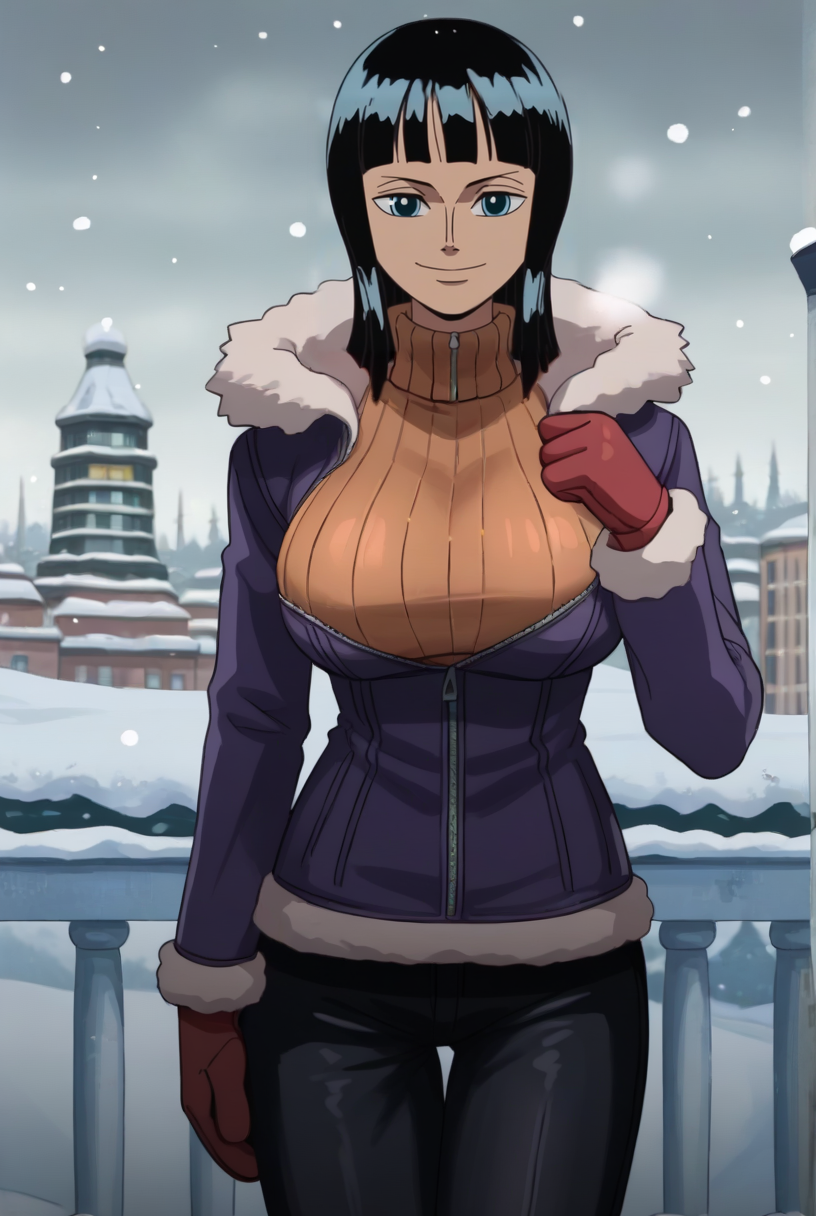 score_9, score_8_up, source_anime,  BREAK solo, 1girl, looking at viewer,cowboy shot, 
<lora:NicoRobinAIOPdxlDwnsty:1>,posticehunt, blue eyes, black hair, medium hair, blunt bangs, dark-skinned female, winter clothes, purple jacket, turtleneck sweater, orange sweater, red gloves, red mittens, black pants, fur trim, partially unzipped, undressing, 
large breasts, smile, adjusting clothes, unzipping, 
outdoors, winter, city, snowing, snow,
