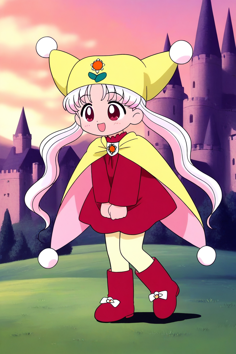 general,highres, ultra-detailed,very aesthetic,best quality ,best hands, BREAK <lora:Princess_Silver_Crayon_Oukoku_Ver2.0_IS:1>
Silver_Oujo(Crayon_Oukoku), 1girl, solo, long hair, white hair, pink hair, red eyes,
yellow headwear, twintails, parted bangs,
red dress, boots, pom pom (clothes),Yellow pantyhose,
smile, happy,
full body, open mouth, red dress, :d, 
long sleeves, red footwear, v arms, 
hair bun, standing,
grass, sky, fantasy, castle,