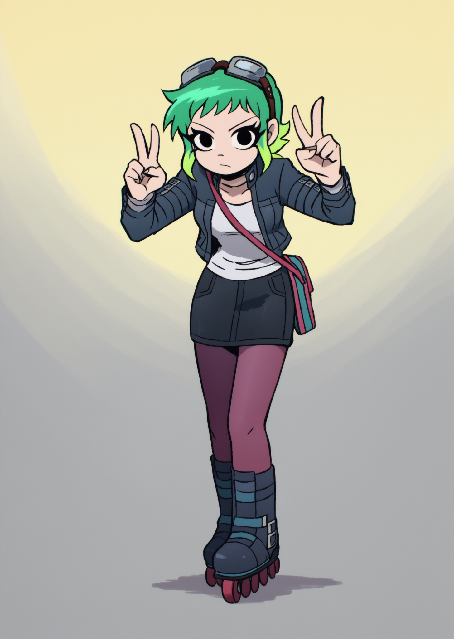 score_9, score_8_up, score_7_up, score_6_up, source_anime, zPDXL, BREAK
<lora:Scott_Pilgrim_Takes_Off:1> scottp, sketch, anime coloring, 1girl, solo, Ramona, green hair, blonde hair , multicolored hair, gradient hair, goggles, goggles on head, cool pose, black boots, purple pantyhose, inline skates, v, black jacket, denim skirt, skating,