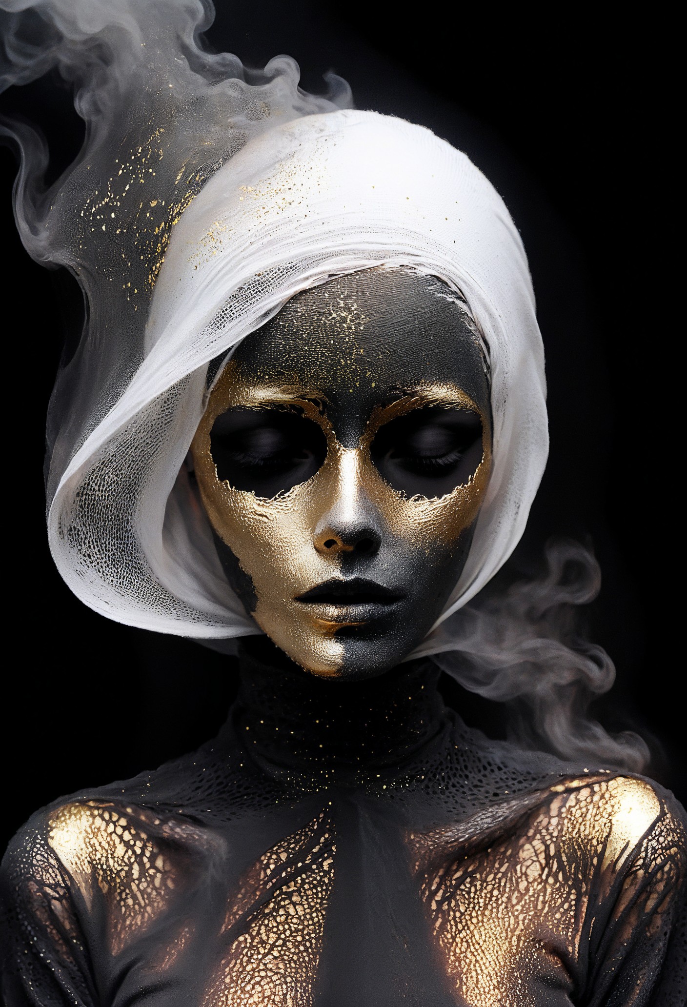 illustration of a flower, beautiful woman, elegant, seductive, otherworldly, mysterious, covered face, ash veil, molten plastic, abstract, black plastic, white plastic, galactic dusk, gold particles, thin black shirt, dark, (motel lava:1.2), smoke  <lora:add-detail-xl:0.7> <lora:xl_more_art-full_v1:0.7>  <lora:sdxl/nicola_samori_dark_art_style:0.7> in the style of Nicola Samori