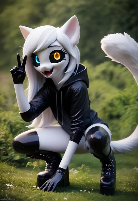 score_9, score_8_up, score_7_up, source_furry, <lora:Odd-eyed cat girl_051_pony:0.8> Odd-eyed cat girl, open_mouth, black latex hoodie , latex gloves, making peace sign, shiny latex, (platform sneaker boots:1.1), colored sclera, white hair, long hair, heterochromia, black sclera, medium breasts,Furry, squatting down on the grass, severe tail, happy, Butterfly, Cool colors, depth of field, detailed background, photo, photo, photo, Photography <lora:photo_003:0.7>