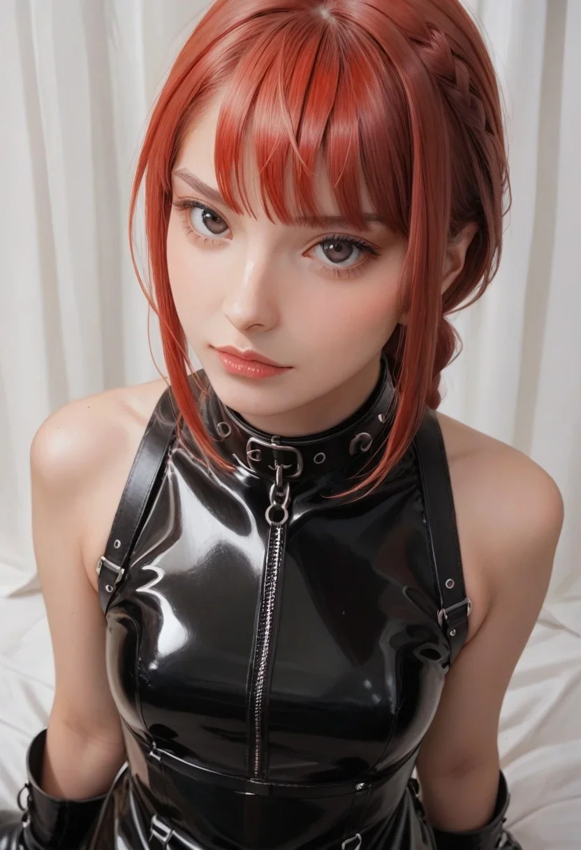 score_9, score_8_up, score_7_up, score_6_up,1girl, face ((upper body, view from above,)) makima, red hair, side bangs, curtain side bangs, braid hair, solo, black latex dress, leather dress, black dress, straps, latex black collar, sleeveless, black latex collar, black latex boots, long boots, female bag, photorealistic style, zettai ryouki, black eyes, better face,