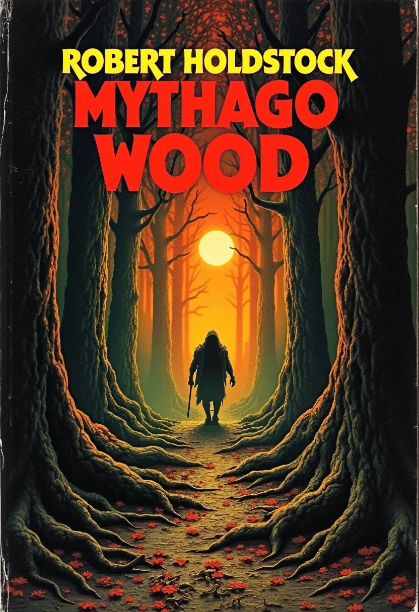 1970s Fantasy style book cover, with large bold text of "ROBERT HOLDSTOCK" along the top of the image, with the title of "Mythago Wood".
artwork in the style of Geoff Taylor to show a dark fantasy forest landscape, sunset,  with a mythical being standing at the end of a path covered in tree roots and leaves