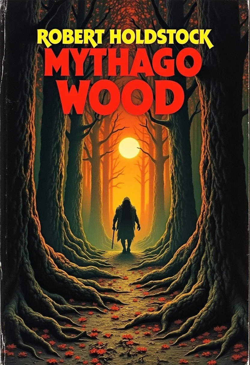 1970s Fantasy style book cover, with large bold text of "ROBERT HOLDSTOCK" along the top of the image, with the title of "Mythago Wood".
artwork in the style of Geoff Taylor to show a dark fantasy forest landscape, sunset, with a mythical being standing at the end of a path covered in tree roots and leaves