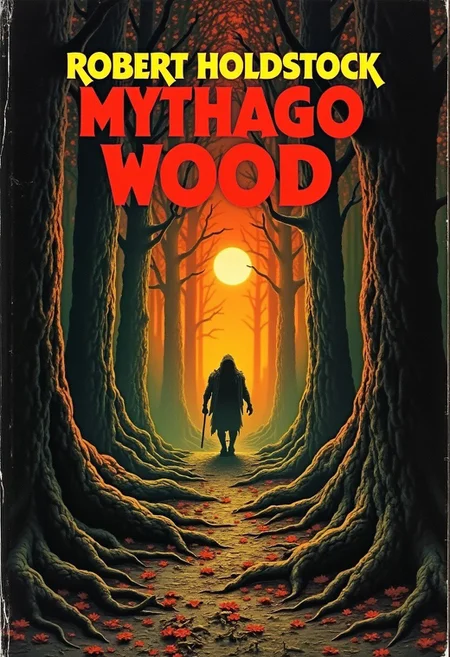 1970s Fantasy style book cover, with large bold text of "ROBERT HOLDSTOCK" along the top of the image, with the title of "Mythago Wood".
artwork in the style of Geoff Taylor to show a dark fantasy forest landscape, sunset,  with a mythical being standing at the end of a path covered in tree roots and leaves