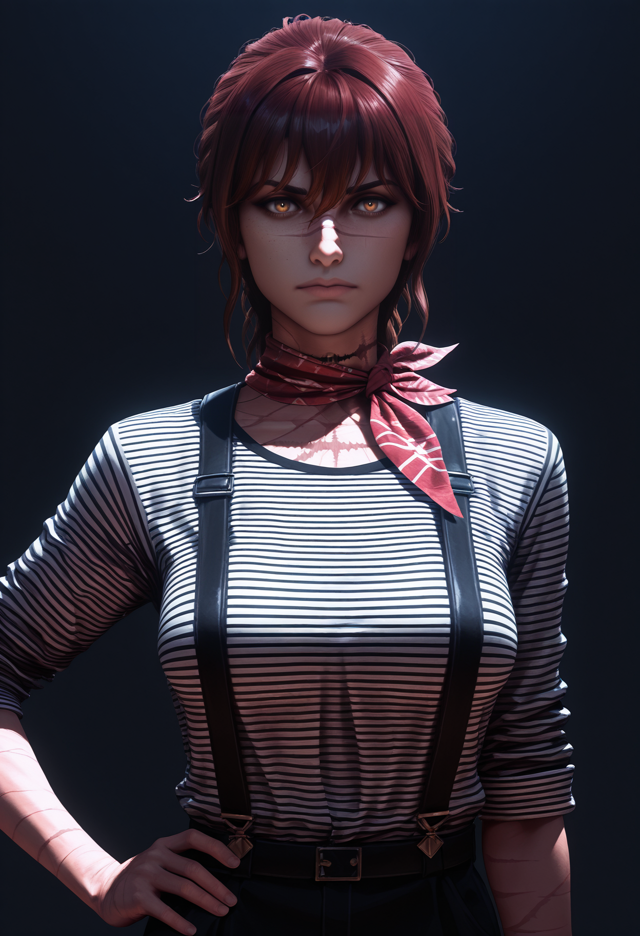 masterpiece, best quality, amazing quality, 1girl, <lora:sciel_illustrious_byJaneB:1>, sciel, scar on nose,
striped shirt, hand on hip, looking at viewer, shirt, striped, upper body, suspenders, kerchief