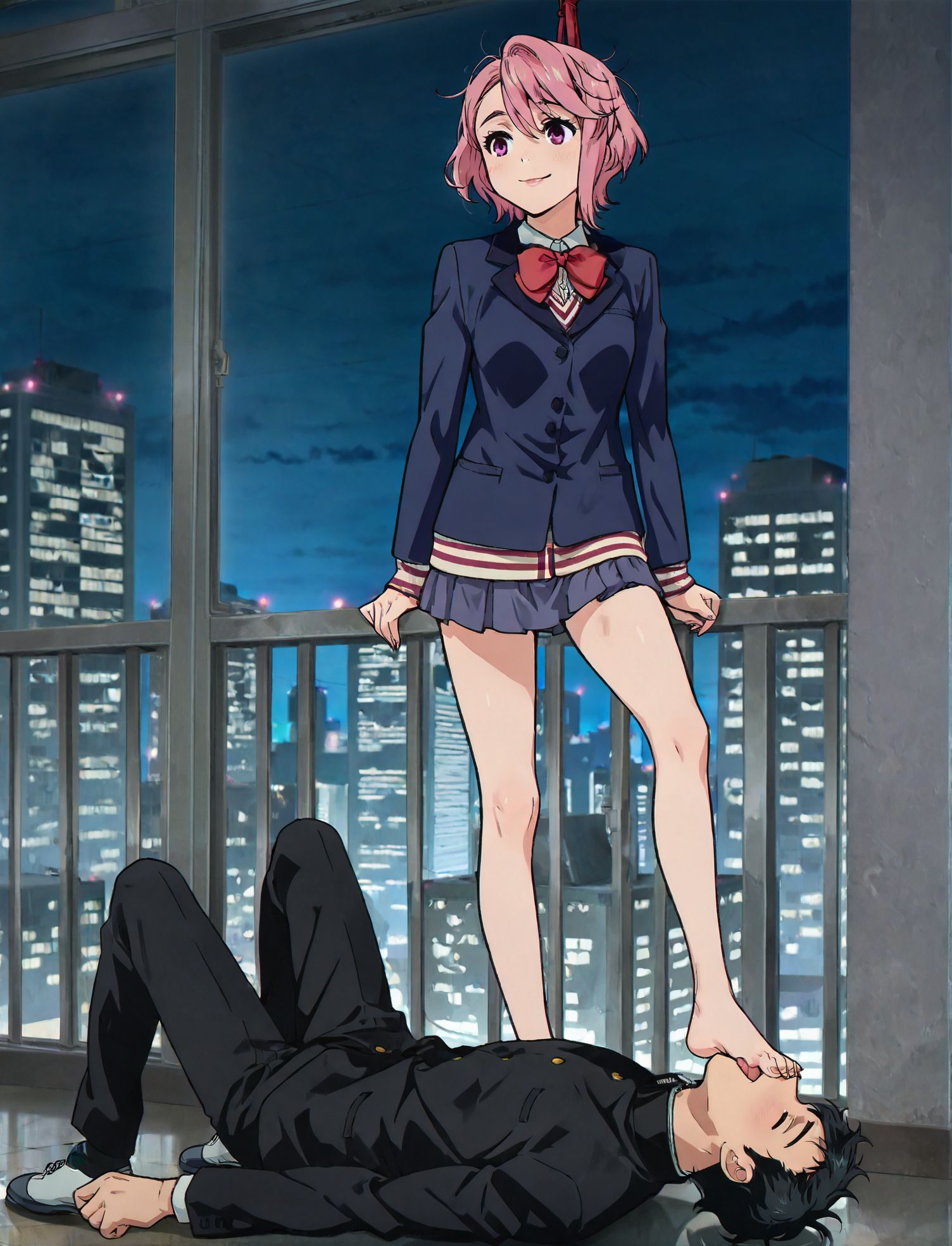 masterpiece,best quality,amazing quality,very aesthetic,absurdres,newest, huge filesize, anime screenshot,  volumetric lighting,
<lora:spo_sdxl_10ep_4k-data_lora_webui:0.5>,
 clear image, anime screencap, hetero, femdom, forced sucking foot, cityscape, bdsm, foot fetish, 1girl (KJOburnice skinny, dominant female, looks at him), BREAK 1guy (submissive male)
<lora:Forced_Sucking_Foot-000012:1>
BREAK
<lora:AiraShiratori-IL-v1-07:0.7>, ChopioAira, short hair, pink hair, swept bangs, hair between eyes, lips, pink eyes,small breasts, narrow waist, outfit_1, blazer, blue jacket, collared shirt, red bowtie, long sleeves, pleated skirt, blue skirt, miniskirt,
BREAK
foot in mouth,lying, facing up,foot on face, stepped on, 
 ken takakura, short hair, messy hair, black hair,school uniform, gakuran, long sleeves, black pants,shy,  <lora:ken_takakura_anime_v2-soralz:0.7>
closed eyes male, happy, tongue out,
