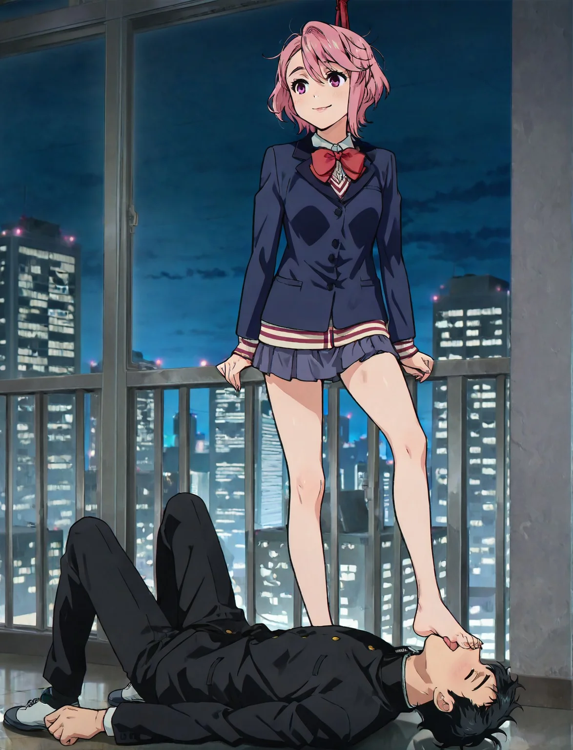 masterpiece,best quality,amazing quality,very aesthetic,absurdres,newest, huge filesize, anime screenshot, volumetric lighting,
<lora:spo_sdxl_10ep_4k-data_lora_webui:0.5>,
clear image, anime screencap, hetero, femdom, forced sucking foot, cityscape, bdsm, foot fetish, 1girl (KJOburnice skinny, dominant female, looks at him), BREAK 1guy (submissive male)
<lora:Forced_Sucking_Foot-000012:1>
BREAK
<lora:AiraShiratori-IL-v1-07:0.7>, ChopioAira, short hair, pink hair, swept bangs, hair between eyes, lips, pink eyes,small breasts, narrow waist, outfit_1, blazer, blue jacket, collared shirt, red bowtie, long sleeves, pleated skirt, blue skirt, miniskirt,
BREAK
foot in mouth,lying, facing up,foot on face, stepped on,
ken takakura, short hair, messy hair, black hair,school uniform, gakuran, long sleeves, black pants,shy, <lora:ken_takakura_anime_v2-soralz:0.7>
closed eyes male, happy, tongue out,