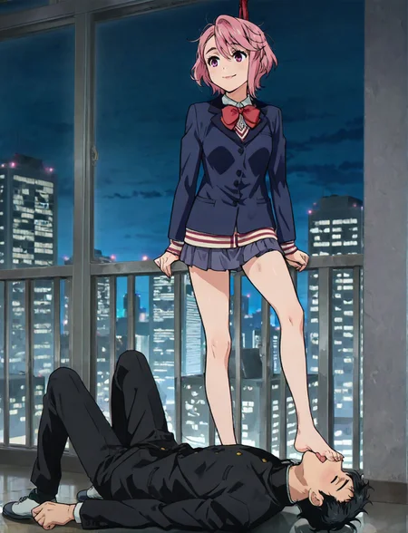 masterpiece,best quality,amazing quality,very aesthetic,absurdres,newest, huge filesize, anime screenshot,  volumetric lighting,
<lora:spo_sdxl_10ep_4k-data_lora_webui:0.5>,
 clear image, anime screencap, hetero, femdom, forced sucking foot, cityscape, bdsm, foot fetish, 1girl (KJOburnice skinny, dominant female, looks at him), BREAK 1guy (submissive male)
<lora:Forced_Sucking_Foot-000012:1>
BREAK
<lora:AiraShiratori-IL-v1-07:0.7>, ChopioAira, short hair, pink hair, swept bangs, hair between eyes, lips, pink eyes,small breasts, narrow waist, outfit_1, blazer, blue jacket, collared shirt, red bowtie, long sleeves, pleated skirt, blue skirt, miniskirt,
BREAK
foot in mouth,lying, facing up,foot on face, stepped on, 
 ken takakura, short hair, messy hair, black hair,school uniform, gakuran, long sleeves, black pants,shy,  <lora:ken_takakura_anime_v2-soralz:0.7>
closed eyes male, happy, tongue out,