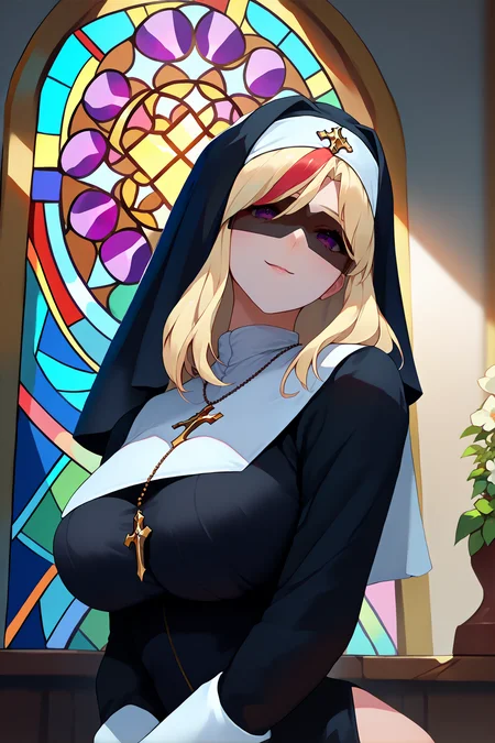 score_9, score_8_up, score_7_up, score_6_up, source_anime, 1girl, solo, <lora:hasumirain-pdxl-nvwls-v1-000005:1> valkHR, multicolored hair, blonde hair, medium hair, purple eyes, sunglasses, covered eyes, large breasts, nun, nun veil, nun habit, looking at you, indoors, stained glass, smile