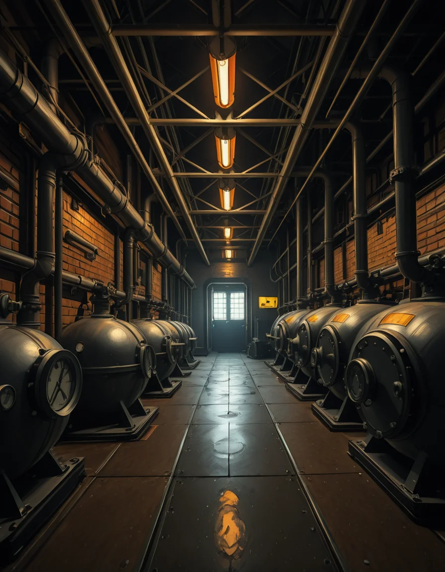 A highly detailed and realistic photograph of an industrial boiler room filled with large metal boilers, complex pipe systems, and pressure gauges. The room is dimly lit with a mix of warm yellow lighting from overhead industrial lamps and cool blue reflections from metallic surfaces. The air is slightly hazy with steam escaping from some of the pipes. The floor is made of reinforced concrete with visible stains from oil and water. Various control panels with blinking LED indicators and warning signs are mounted on the walls. The atmosphere is rugged and mechanical, evoking a sense of power and industrial efficiency. The depth of field is sharp, capturing intricate details such as rust on old pipes, the texture of the metal surfaces, and the labels on the control panels. The composition emphasizes symmetry, with pipes and machinery creating a structured, almost futuristic aesthetic.
<lora:SDXLFaeTastic2400:0.4> <lora:extremely_detailed:0.4> extremely detailed, <lora:industrial_boiler_room-i:1>,industrial b01l3r r00m, Masterpiece,best quality,hi res,8k,hi res,8k,award winning,(sharp focus, intricate, highly detailed),