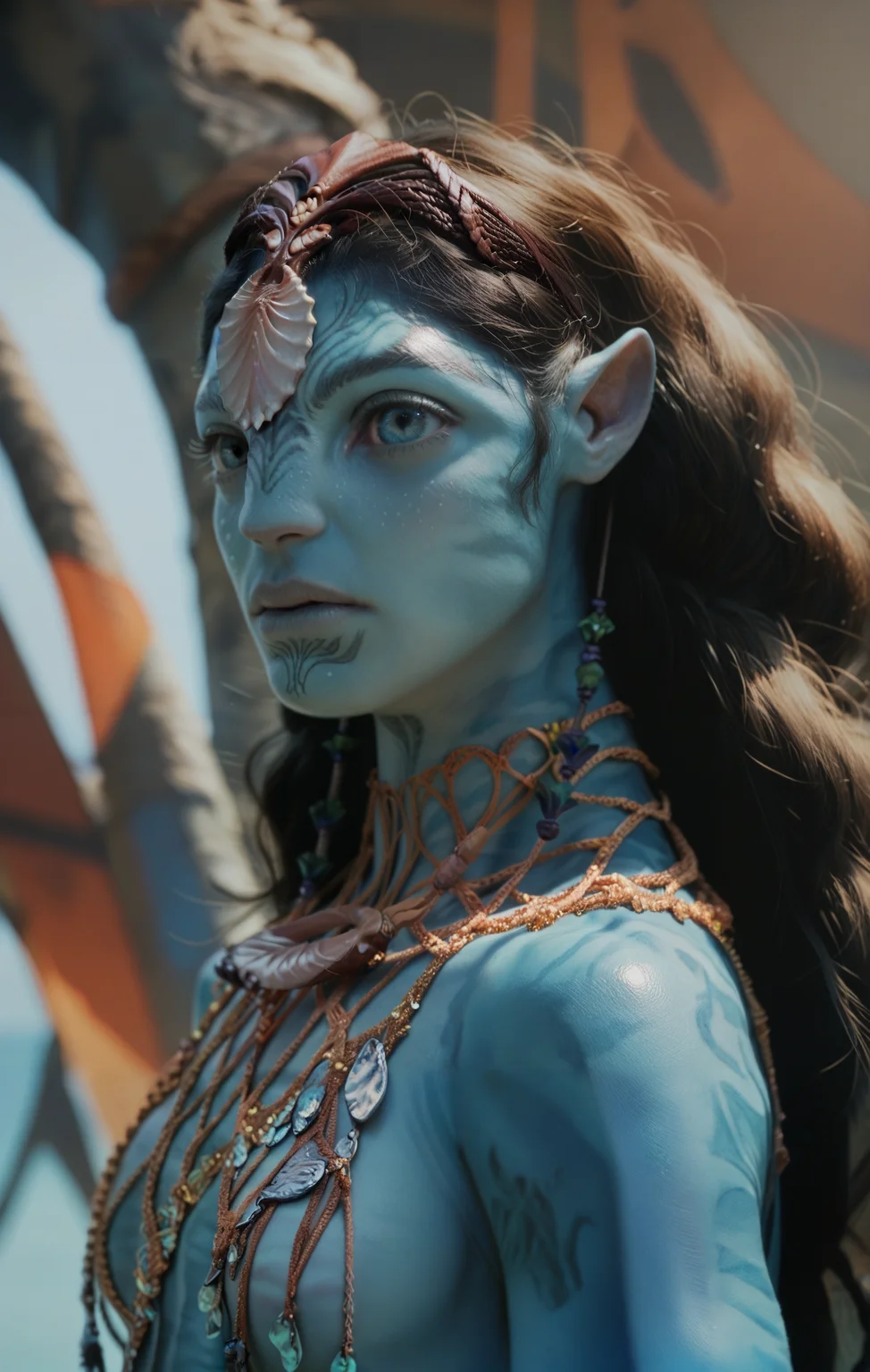 1girl, ((solo)) blue eyes, side view, looking at the viewer, necklace, headband, blue skin, <lora:RonalV2:1> ronal, score_9, score_8_up, score_7_up, score_6_up