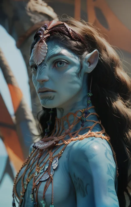1girl, ((solo)) blue eyes, side view, looking at the viewer, necklace, headband, blue skin, <lora:RonalV2:1> ronal, score_9, score_8_up, score_7_up, score_6_up