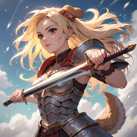 (score_9), (score_8_up), (score_7_up), (score_6_up), (score_5_up), (score_4_up), (masterpiece), best quality, detailed eyes, female, medium breasts, dog ears, dog tail, half plate armor, blonde hair, long hair, brown eyes, holding longsword, standing, action pose