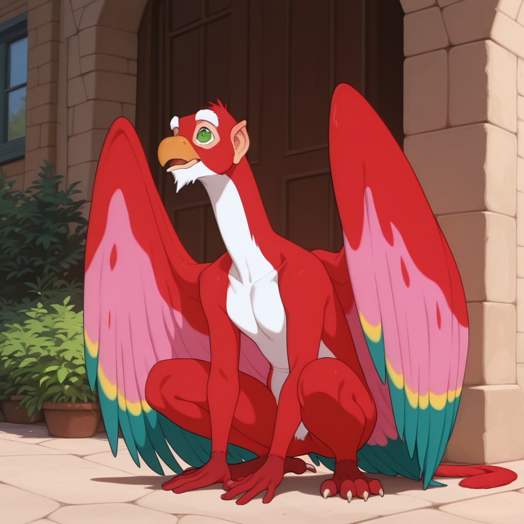 ((masterpiece, best quality, amazing quality,)) NiddlerPoDW, semi-anthro, male, avian, red feathers, wings, green eyes, white goatee, squatting, outside