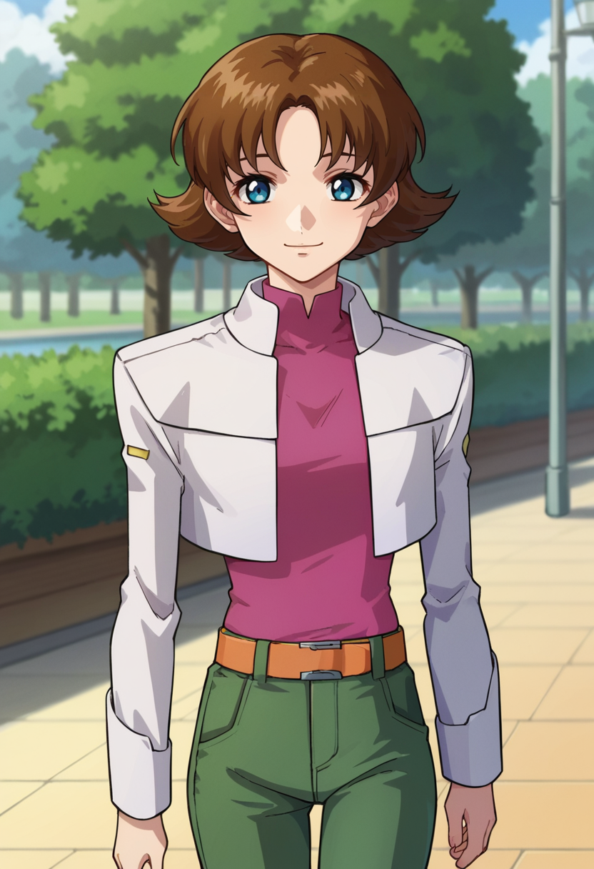 score_9,score_8_up,score_7_up,score_6_up,score_5_up,score_4_up,anime coloring,source_anime,<lora:Miriallia_Haw_Gundam_SEED_Pony:0.8>,miriallia,1girl,solo,blue eyes,brown hair,short hair,flipped hair,cropped jacket,white jacket,long sleeves,pink shirt,green pants,orange belt,smile,walking,park,