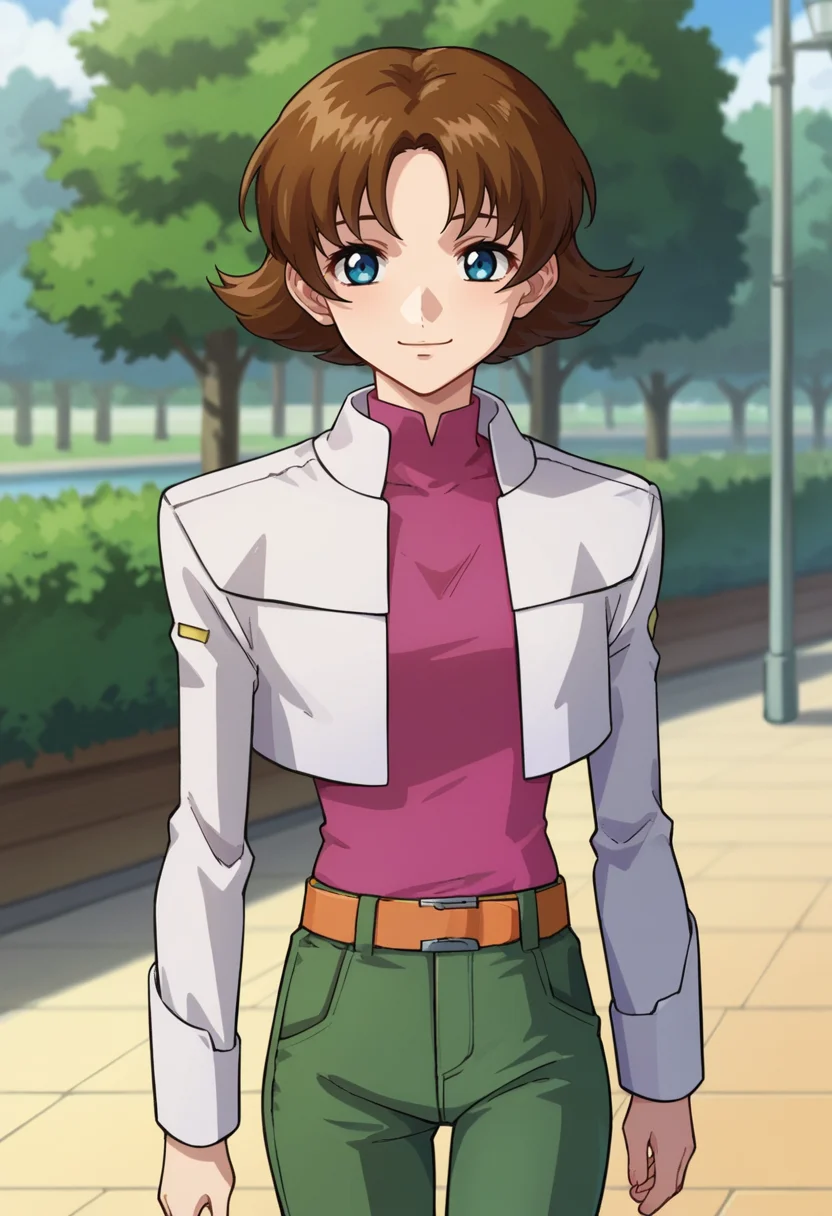 score_9,score_8_up,score_7_up,score_6_up,score_5_up,score_4_up,anime coloring,source_anime,<lora:Miriallia_Haw_Gundam_SEED_Pony:0.8>,miriallia,1girl,solo,blue eyes,brown hair,short hair,flipped hair,cropped jacket,white jacket,long sleeves,pink shirt,green pants,orange belt,smile,walking,park,