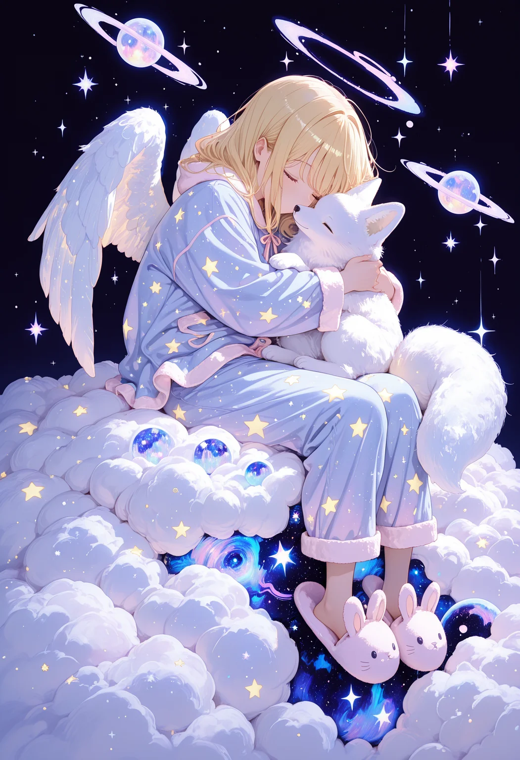 IllusP0s, momosp, galaxy, 1girl, pajamas, star print, bunny slippers, small angel wings, holding animal, fluffy white fox, animal hug, cuddling, glowing, sitting on cloud, <lora:MomoSweetSpaceILL:1> <lora:Smooth_Booster_v2:1>