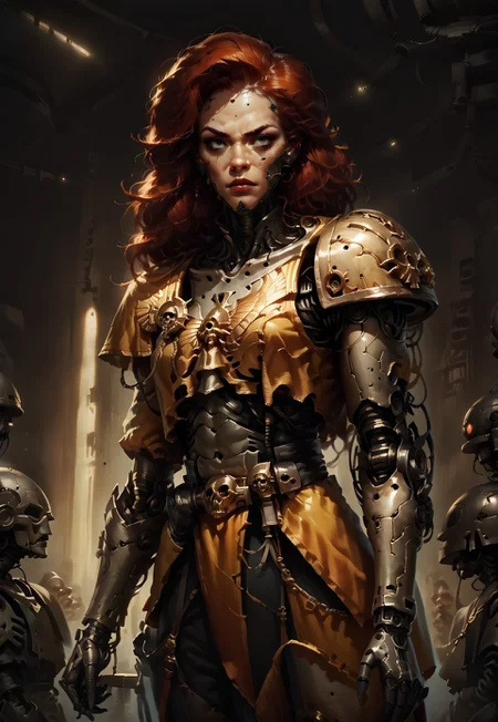 score_9, score_8_up, score_7_up, score_6_up, source_anime, w4rh4mm3r style oil painting, grimdark, D&D, redhead female, cyborg commander, concept art, realistic, dark theme, low light, knva, halftone effect, retro artstyle
