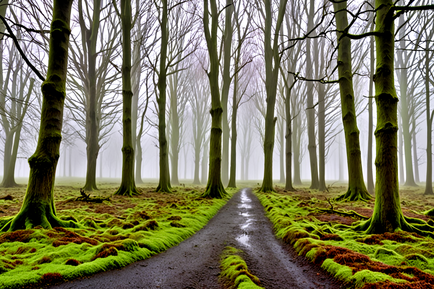 <lora:pytorch_lora_weights_361535:1>,A amazing  street photography of a foggy moor soaked from recent rain, the ground flickering with lines of (green glowing:1.1) moss, trees lost in thick mist under a barely visible (starlit sky:1.2), air heavy with silence,, Masterpiece,best quality,realistic,HDR, 8K, masterpiece, best_quality, absurdres, ultra-detailed, highly_aesthetic, depth_of_field