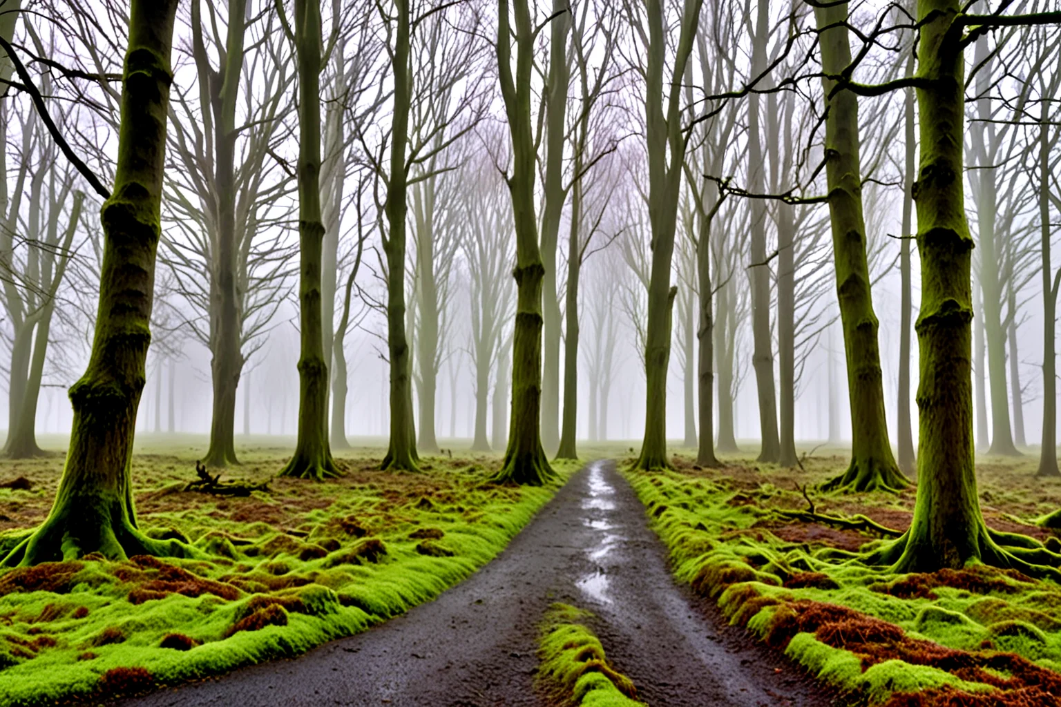 <lora:pytorch_lora_weights_361535:1>,A amazing street photography of a foggy moor soaked from recent rain, the ground flickering with lines of (green glowing:1.1) moss, trees lost in thick mist under a barely visible (starlit sky:1.2), air heavy with silence,, Masterpiece,best quality,realistic,HDR, 8K, masterpiece, best_quality, absurdres, ultra-detailed, highly_aesthetic, depth_of_field