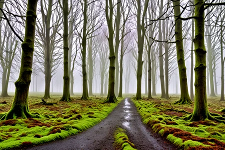<lora:pytorch_lora_weights_361535:1>,A amazing street photography of a foggy moor soaked from recent rain, the ground flickering with lines of (green glowing:1.1) moss, trees lost in thick mist under a barely visible (starlit sky:1.2), air heavy with silence,, Masterpiece,best quality,realistic,HDR, 8K, masterpiece, best_quality, absurdres, ultra-detailed, highly_aesthetic, depth_of_field