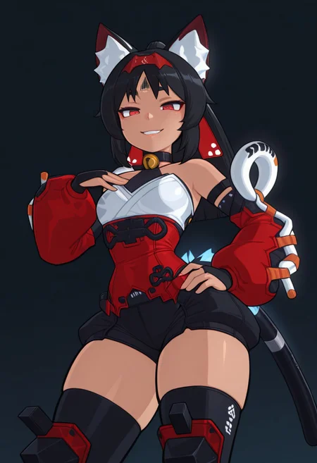 score_9_up, score_8_up, score_7_up, score_6_up, 1girl, solo, alone, masterpiece, best quality, high quality, simple background, abstract background, dark background, <lora:krekkov_style_ilxl_goofy:1>, krekkov style, <lora:Nekomiya_Mana_V2:1>, 1girl, Nekomiya Mana, solo, forehead tattoo, cat ears, red hair band, black hair, ponytail, red ponytail lace, red eyes, narrow waist, curvy, good anatomy, choker, cat bell, black mesh, white top, red sash, detached sleeves, red sleeves, white sleeve laces, fingerless gloves, black shorts, black thigh highs, futuristic shin covers, red metallic boots, high heels, cat paw boots, tail fluff, two tails, blue tail leds, cowboy shot, looking at viewer, evil smile, from below, hand on own hip, hand on own chest,wossarem