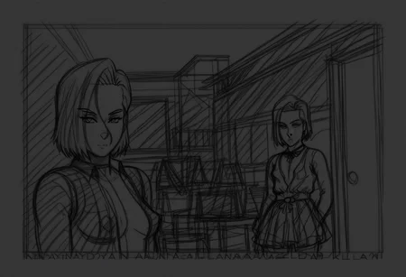 android 18, andy18, raw sketch line art,
