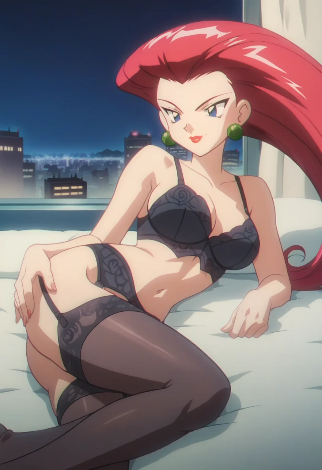 score_9, score_8_up, score_7_up, score_6_up, anime screencap, anime coloring, <lora:PMJessieV2:0.9>, PMJessie, red hair, long hair, blue eyes, lipstick, earrings, breasts,
black lingerie, black thighhighs, garter belt, lying, on side, navel, seductive smile,
BREAK indoors, night, bed, window, city lights, cityscape,