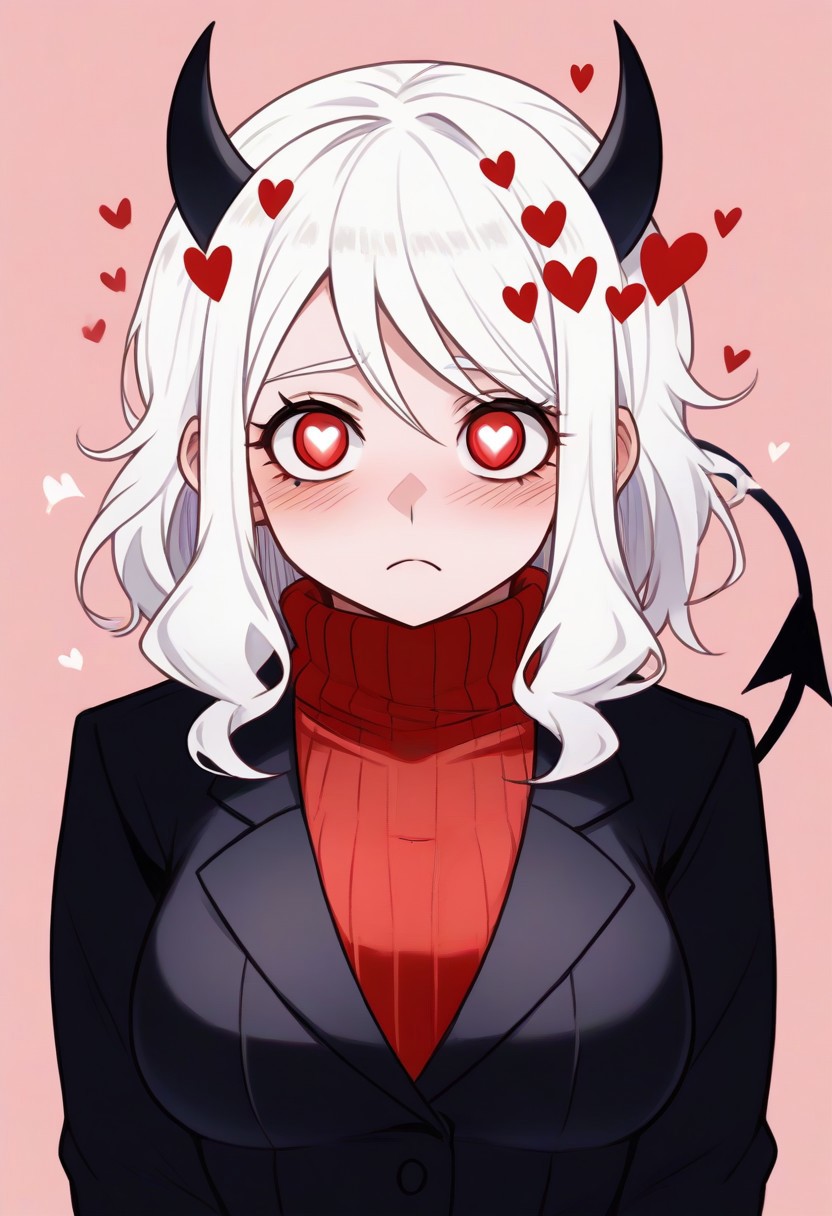 <lora:flattening-ponyxl-v1:1.3>, ,, Modeus_(Helltaker),horns, heart, demon girl, demon horns, heart-shaped pupils, symbol-shaped pupils, black horns, medium hair,demon tail, sweater, red sweater, tail, ribbed sweater, long sleeves, turtleneck, black jacket, formal, suit,, Anime eyes, anime face,<lora:add-detail-xl:0.7> <lora:xl_more_art-full_v1:0.1>