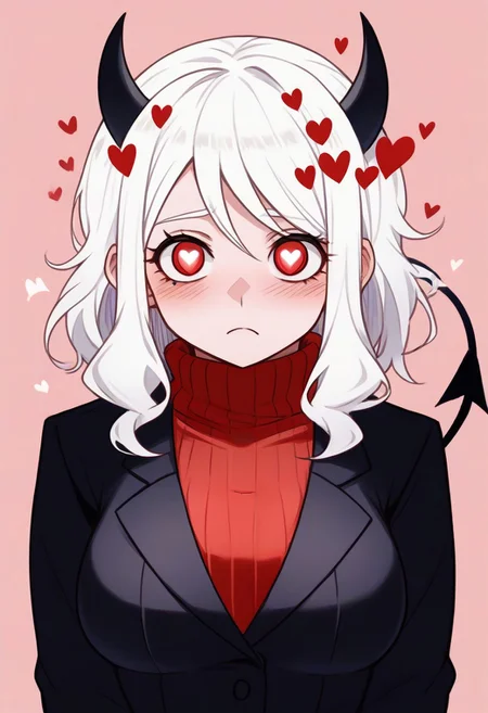 <lora:flattening-ponyxl-v1:1.3>, ,, Modeus_(Helltaker),horns, heart, demon girl, demon horns, heart-shaped pupils, symbol-shaped pupils, black horns, medium hair,demon tail, sweater, red sweater, tail, ribbed sweater, long sleeves, turtleneck, black jacket, formal, suit,, Anime eyes, anime face,<lora:add-detail-xl:0.7> <lora:xl_more_art-full_v1:0.1>
