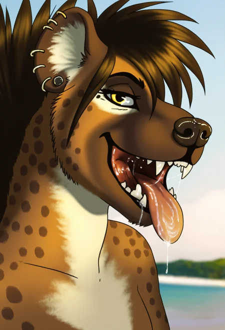 Stable_Yogis_PDXL_Positives, source_furry, zandii_hyena, hyena, perfect face, detailed face, spotted hyena, colored, open mouth, mawshot, saliva, tongue out, beach background, yellow eyes, perfect face, perfect eyes, anthro hyena, from side, light-brown fur, hyena mane, furry, female, solo, 1girl, detailed eyes, looking at viewer, bedroom eyes, half-closed eyes, hyena ears, face focus,<lora:Zandii_perfect_pony:1> <lora:DetailedEyes_V3:1>