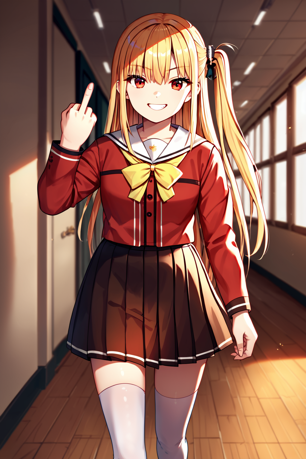 score_9, score_8_up, score_7_up, score_6_up, rating_safe, source_anime, best quality, masterpiece, detailed background, school hallway, walking, middle finger, smug grin, <lora:yusarin-xl-04:1.2>, yusarin, red eyes, red uniform with yellow bow, black skirt, white stockings, blonde hair, one side up,