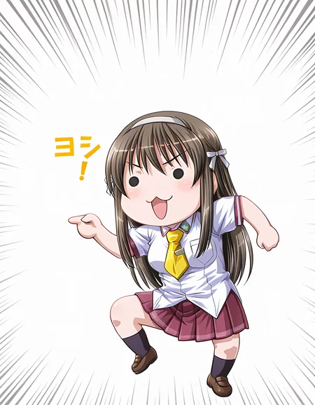 masterpiece, best quality, amazing quality, official art, ultra highres, intricate,
1girl, solo, hayashima_tsubaki, long hair, brown hair, hair ribbon, hairband, solid circle eyes,
school uniform, yellow necktie, untucked shirt, pleated skirt BREAK
genba_neko,(chibi:1.3),pointing,standing on one leg,:3,open mouth,meme,parody, simple background, white background, emphasis lines, full body <lora:genba_neko_like_IL_v1:1>
<lora:hayashima tsubaki v1.0-000008:1>