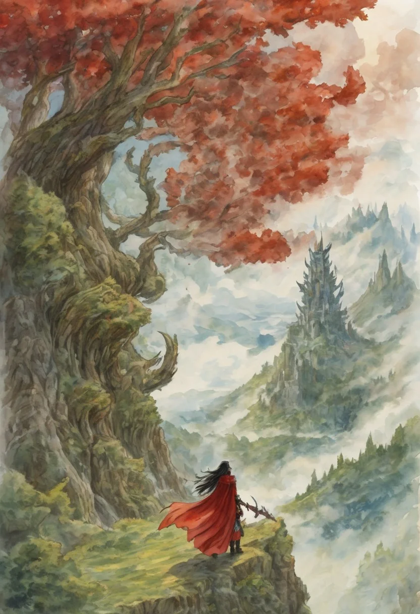 Long hair, cloud, cape, tree, furry, weapon, dragon, scenery, red skin, multiple girls, 1girl, watercolor made by Richard Kane Ferguson