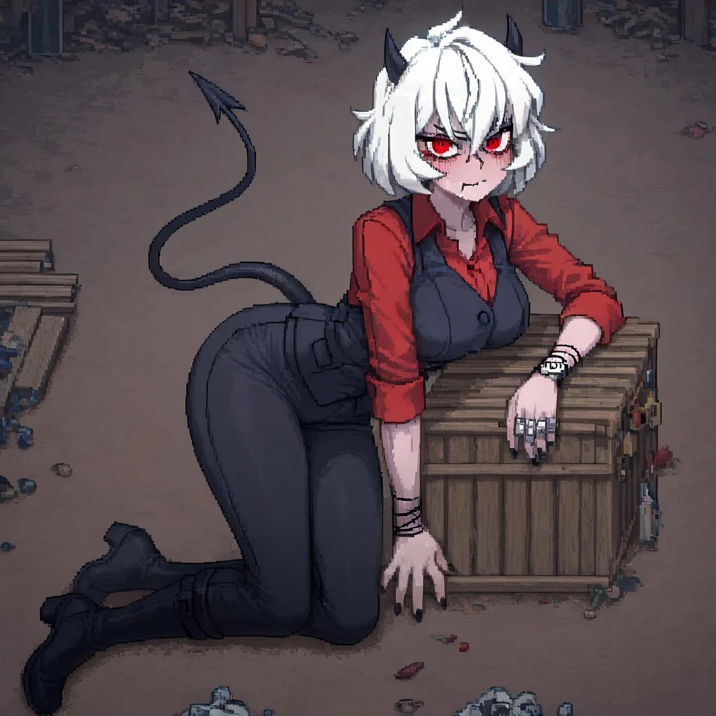 masterpiece, best quality, newest, absurdres, highres, PCSVIL-V1.0, pixel art, 1girl, malina (helltaker), demon girl, short hair, white hair, horns, demon tail,
