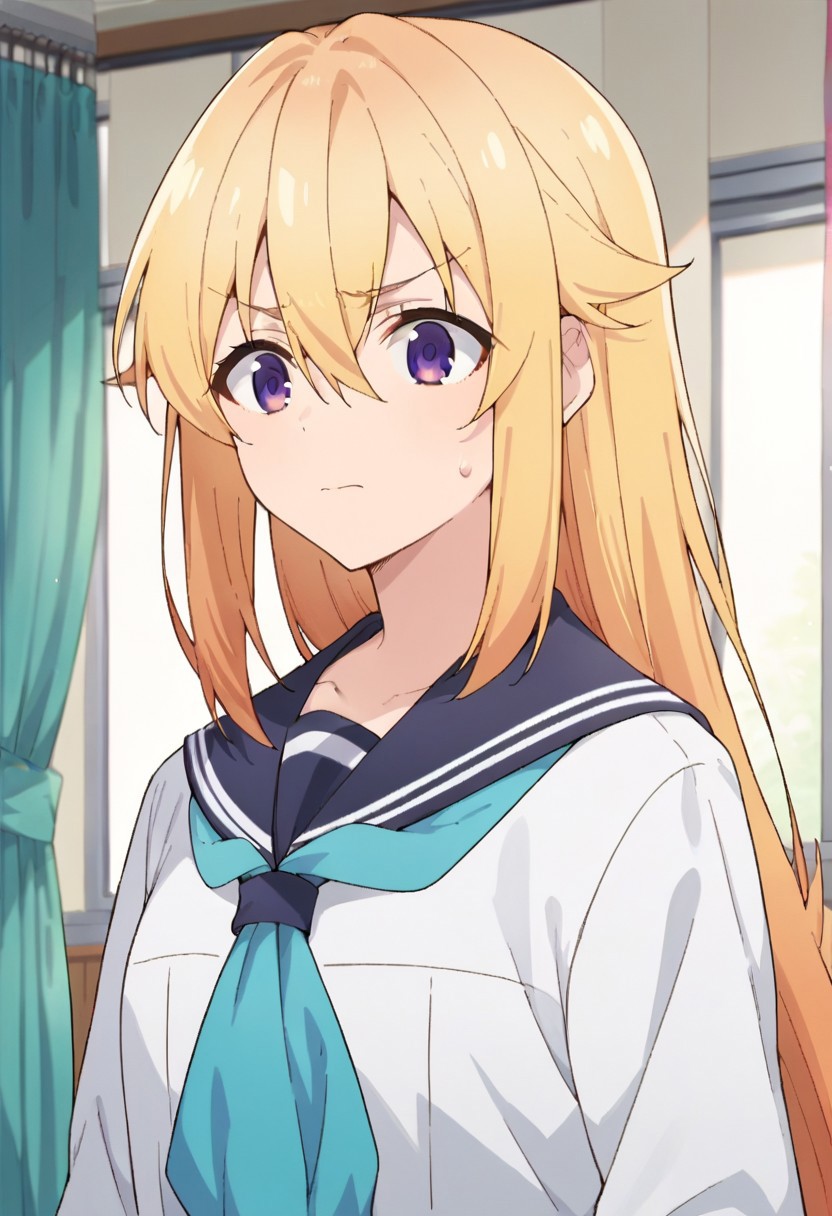 score_9, score_8_up, score_7_up, source_anime, koshi torako, long hair, blonde hair, purple eyes, 1girl, solo, school uniform, sailor collar, closed mouth, hair between eyes, indoors, sweatdrop, curtains, serafuku