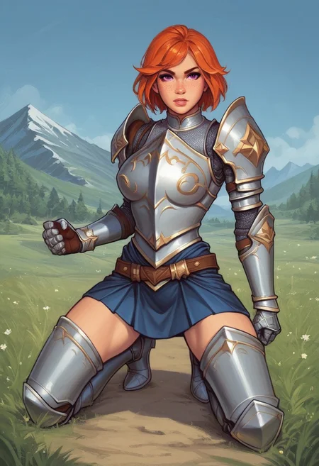 portrait, (adult woman), (1girl, company of heroes), (looking at viewer), ((knight, armor, skirt)), freckles, (orange hair, medium hair), (purple eyes), (best quality, high detail), ((masterpiece)), ((ready to fight, holdind big gladius in hands)), <lora:1_ino_20e:1>
BREAK
((field, mountains)) score_9, score_8_up, score_7_up, score_6_up, source_cartoon, rating_explicit, Expressiveh, (((((full body))))), dynamic pose