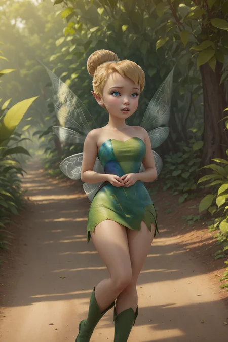 masterpiece, 8k, perfect ligthing, , adult, female, looking at viewer, cinematic lighting, full body shot, (TinkerBell:1.5), (TinkerBellWaifu:1.1), single hair bun, (green clothes), ((clothes made from leaves)), (fairy wings:1.2), pointy ears, blue eyes, (detailled eyes:1.2), tinkering in the forest, tinkering, Gears, leavers, pulleys, blush, (shrunken), <lora:TinkerBellDisney-06:0.6> <lora:realisticGlossyFaceSkin_rseromanticRsesofiko:0.3><hypernet:empty:0.5>