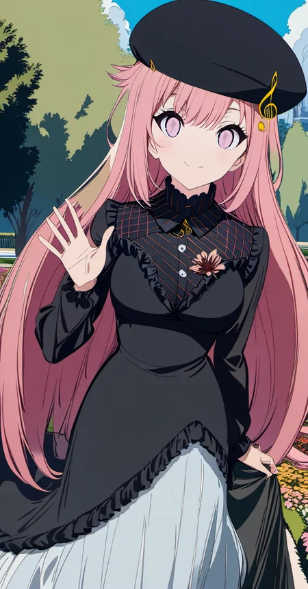 cogecha,priscadys,mainoutfit,1girl, solo,((cowboy shot)),pink hair, ((pink eyes)), long hair, breasts,, bangs, medium breasts, very long hair, closed mouth, <loractl:priscadys_v1_33:.8,0@.6> , hair flaps, breasts,looking at viewer, blush,smile,black headwear, beret,treble clef, dress,long sleeves,black sleeves,shirt,black shirt,((black_dress)) ,long_dress,striped,musical note, frills,frilled dress, skirt,white_skirt,outdoors,garden, flower,trees,blue sky, clouds,day,((lower body)), waving, hand up, feet out of frame, large breasts, black footwear, long skirt, <lora:ç¦è¶_XL:1>