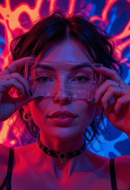 A close-up of a woman holding a transparent cassette tape in front of her face. The cassette is positioned perfectly in the center, directly in front of her eyes, obscuring her facial features. Her nails are painted dark blue, and she is gripping the edges of the cassette with both hands. The womanas lips are painted dark, and she is wearing a black choker with a silver ring in the center. Her hair is styled into short black pigtails, with some strands falling over her forehead. The lighting is vibrant and neon, casting shades of red, blue, and purple across her face, hands, and the cassette tape. The background is a mix of abstract neon lights, featuring bold and glowing red and blue lines, creating a dynamic, futuristic atmosphere. <lora:FLUX-daubrez-DB4RZ:0.8> DB4RZ, DB4RZ style painting, <lora:ILLUSTRATION_2_FLUX v2:0.53>