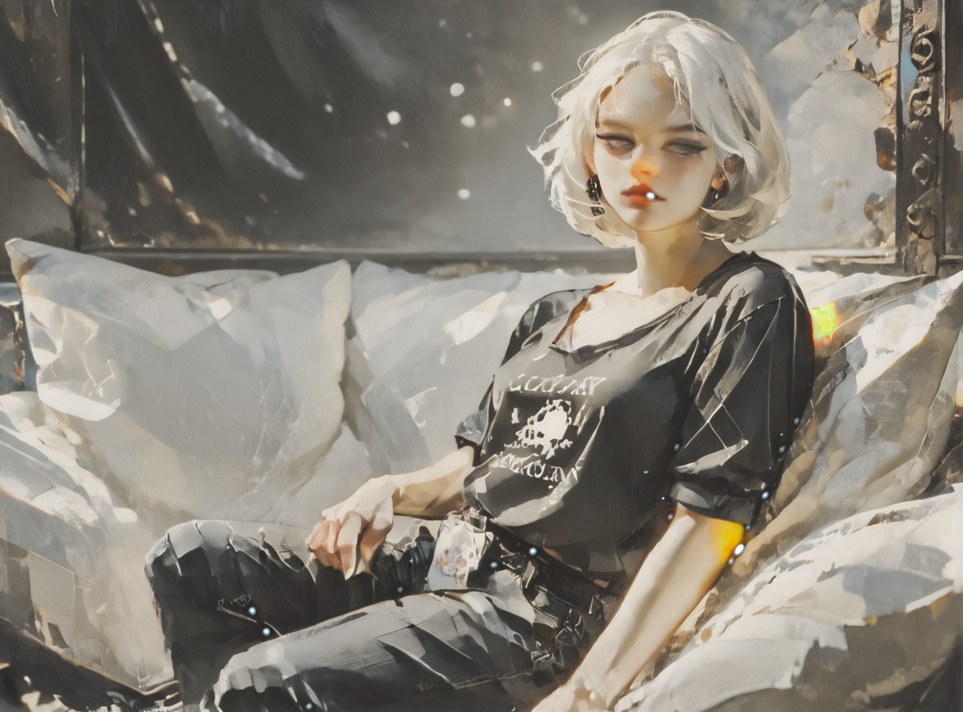 score_9, score_8_up, score_7_up, Environmental scene, character off to side, sitting in repose enjoying the view, 1girl, pale skin, medium breasts, <lora:sm0k3XLP:1>, <lora:goth_clothes:1>, goth casual clothes, jewelry, black stockings, black shorts, Long white hair, young face, <lora:wtgn:1>, <lora:Coal_and_Oil:1>, in a spawling mining cavern,