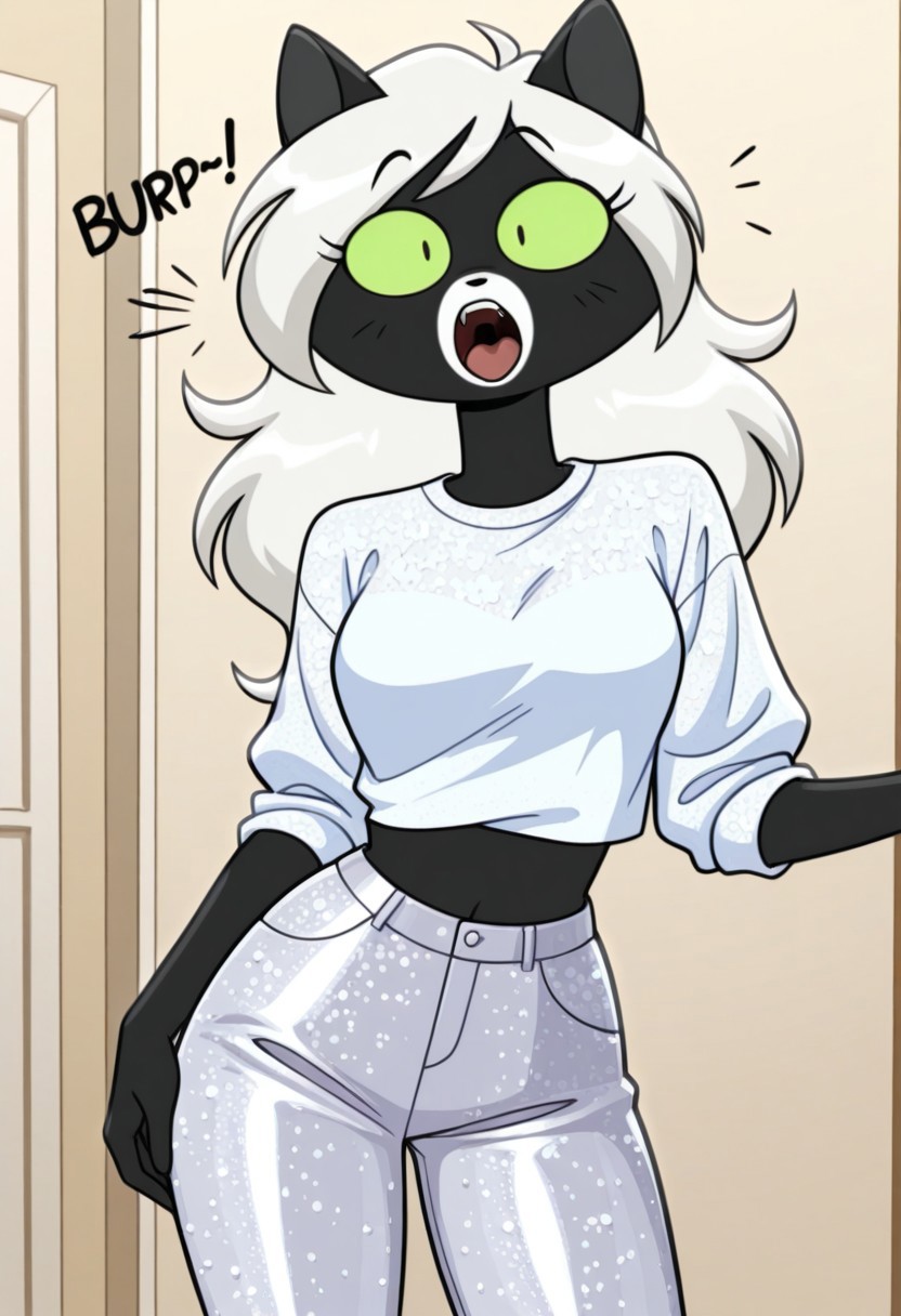 cowboy shot, solo, 1girl, beautiful, masterpiece, best quality, high resolution, great detail, crisp, clear, 8k, Cartoon illustration, cinematic, cartoon, cat girl, flo(rocky_rakoon), white hair, black and white fur, medium breast, sexy, seductive, cute pose, dssequin, white sequin shirt, midriff, white sequin pants, swayed hips, dressing room background,
(burp:1.2), (burping:1.3), open mouth, air coming out of mouth,