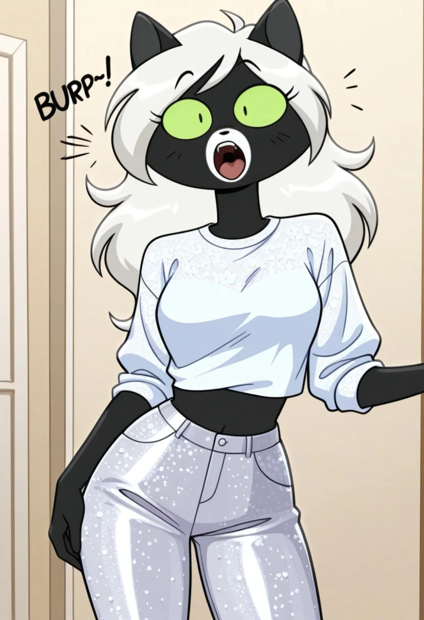 cowboy shot, solo, 1girl, beautiful, masterpiece, best quality, high resolution, great detail, crisp, clear, 8k, Cartoon illustration, cinematic, cartoon, cat girl, flo(rocky_rakoon), white hair, black and white fur, medium breast, sexy, seductive, cute pose, dssequin, white sequin shirt, midriff, white sequin pants, swayed hips, dressing room background,
(burp:1.2), (burping:1.3), open mouth, air coming out of mouth,