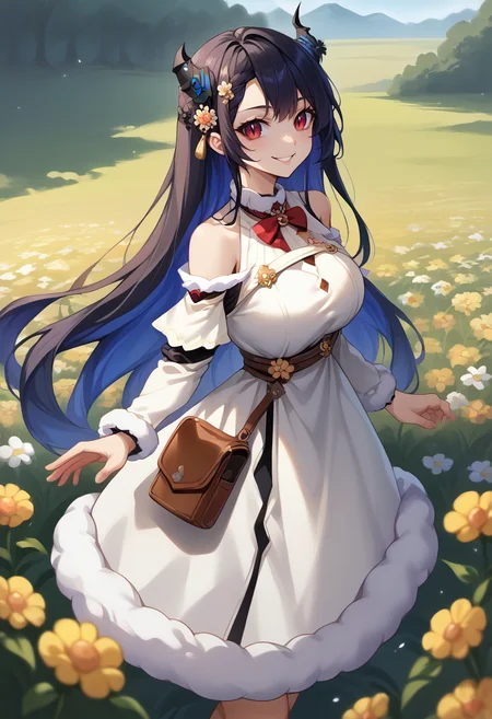 score_9, score_8_up, score_7_up, source_anime, 1girl, solo, NerissaRavencroft, colored inner hair, black hair, blue hair, red eyes, slit pupils, uneven horns, long hair, WatameBase, fur-trimmed dress, short dress, red bowtie, detached sleeves, pouch, standing, outdoors, flower field, smile, <lora:ChamNerissaRavencroftPonyXL:1.0>, <lora:CHAR-TsunomakiWatamePonyXL:1.0>