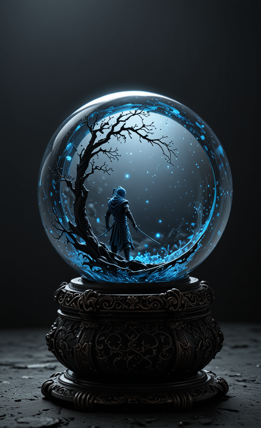 A glass sphere sculpture, concealed inside the sphere is a Ninja Warrior, Fantasy, in the dark, detailed image, 8k high quality detailed, the moon, shaped sphere, amazing wallpaper, digital painting highly detailed, 8k UHD detailed oil painting, beautiful art UHD, focus on full glass sphere, bokeh, background Modifiers: extremely detailed Award winning photography, fantasy studio lighting, photorealistic very attractive beautiful imperial colours ultra detailed 3D, (Extremely Intricate), UHD,  <lora:Black__White_One_Accent_Color_-_By_Dice:1>, (Black and white image, Blue Accent)